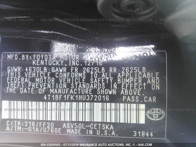 4T1BF1FK1HU372016 - 2017 TOYOTA CAMRY LE/XLE/SE/XSE BLACK photo 9