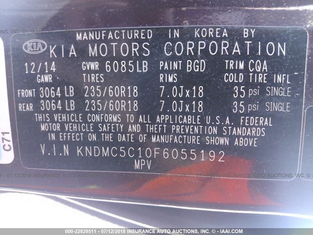 KNDMC5C10F6055192 - 2015 KIA SEDONA EX/SX MAROON photo 9