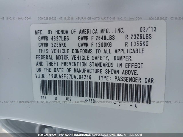 19UUA9F57DA004246 - 2013 ACURA TL TECH WHITE photo 9