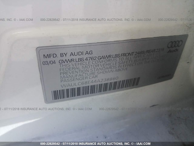 WAULC68E44A238860 - 2004 AUDI A4 1.8T QUATTRO WHITE photo 9