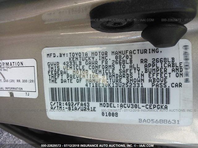 4T1BE30K13U252331 - 2003 TOYOTA CAMRY LE/XLE/SE Qızıl foto 9