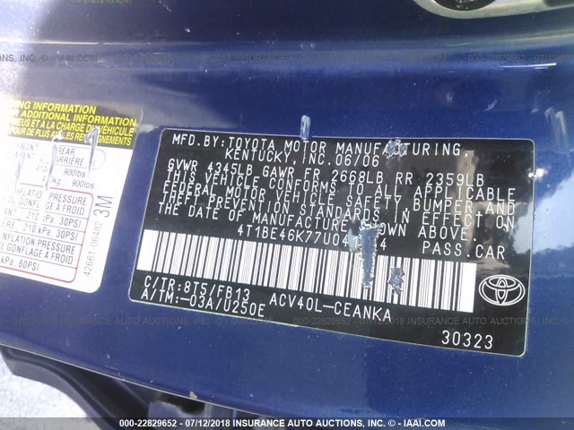 4T1BE46K77U041654 - 2007 TOYOTA CAMRY NEW GENERAT CE/LE/XLE/SE BLUE photo 9