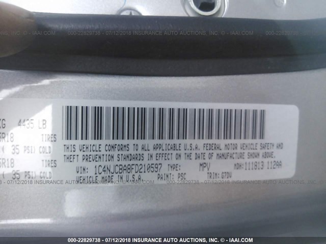 1C4NJCBA8FD210597 - 2015 JEEP COMPASS SPORT SILVER photo 9