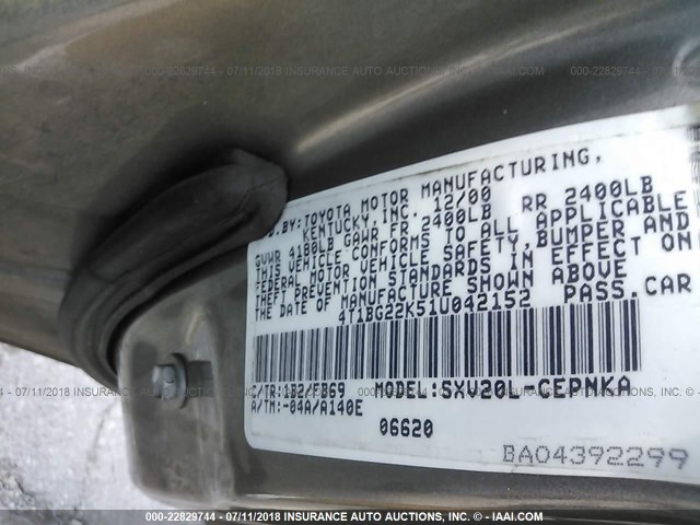 4T1BG22K51U042152 - 2001 TOYOTA CAMRY CE/LE/XLE 棕色 照片 9