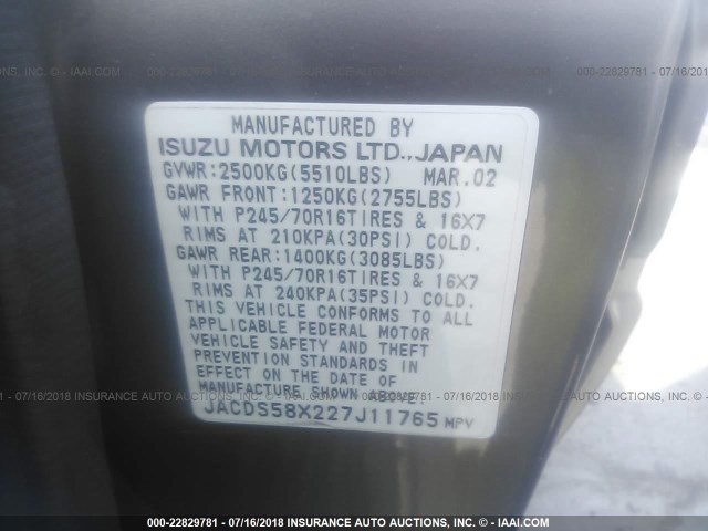 JACDS58X227J11765 - 2002 ISUZU TROOPER S/LS/LIMITED 灰色 照片 9