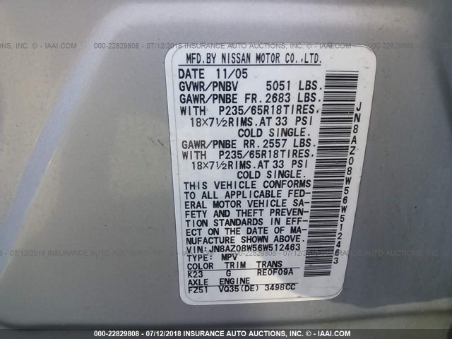 JN8AZ08W56W512463 - 2006 NISSAN MURANO SL/SE/S SILVER photo 9