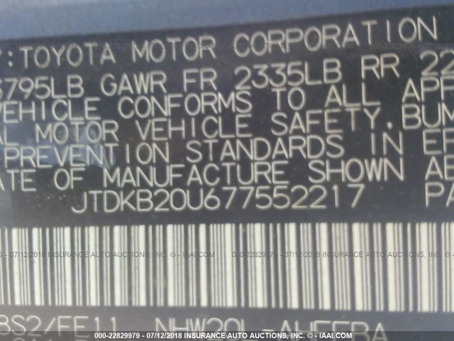 JTDKB20U677552217 - 2007 TOYOTA PRIUS BLUE photo 9