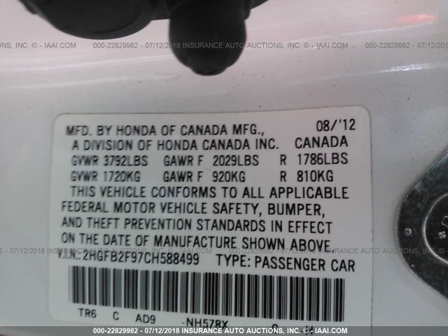 2HGFB2F97CH588499 - 2012 HONDA CIVIC EXL 白色 照片 9