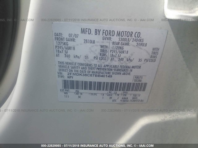 2FMDK38C87BB40149 - 2007 FORD EDGE SEL CREAM photo 9