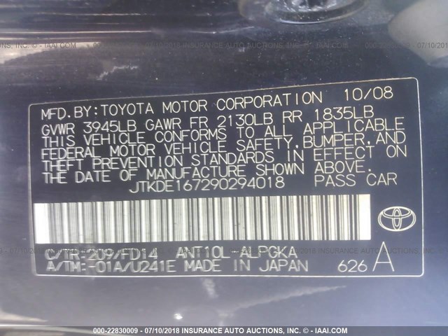 JTKDE167290294018 - 2009 TOYOTA SCION TC 黑色 照片 9