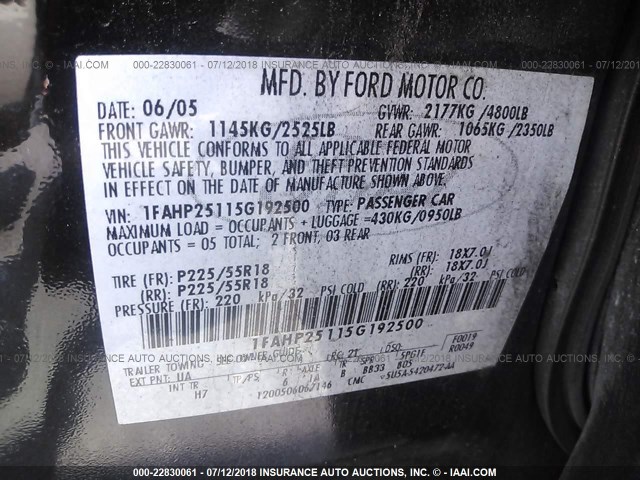 1FAHP25115G192500 - 2005 FORD FIVE HUNDRED LIMITED BLACK photo 9