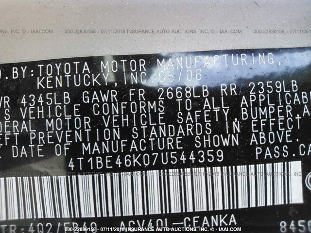 4T1BE46K07U544359 - 2007 TOYOTA CAMRY NEW GENERAT CE/LE/XLE/SE GOLD photo 9