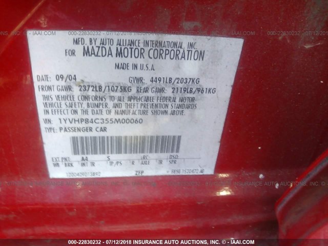 1YVHP84C355M00060 - 2005 MAZDA 6 I RED photo 9