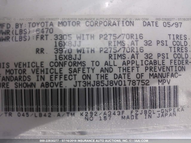 JT3HJ85J8V0178752 - 1997 TOYOTA LAND CRUISER HJ85 WHITE photo 9