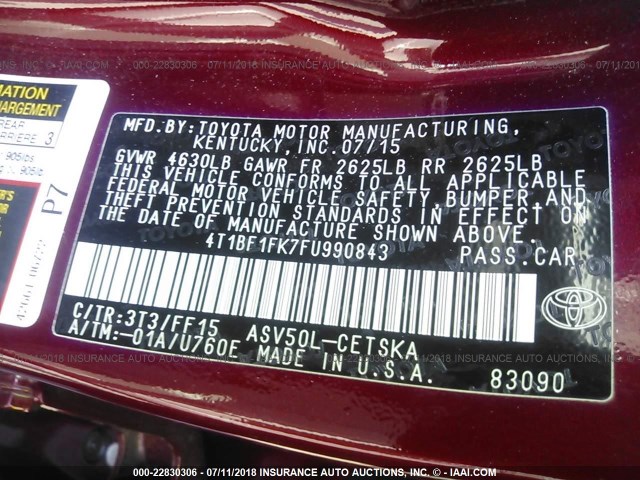 4T1BF1FK7FU990843 - 2015 TOYOTA CAMRY LE/XLE/SE/XSE RED photo 9