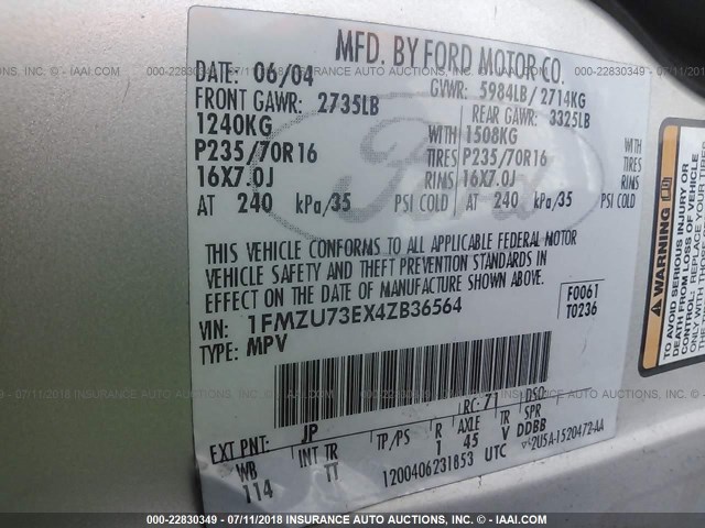 1FMZU73EX4ZB36564 - 2004 FORD EXPLORER XLT/XLT SPORT/NBX 银色 照片 9