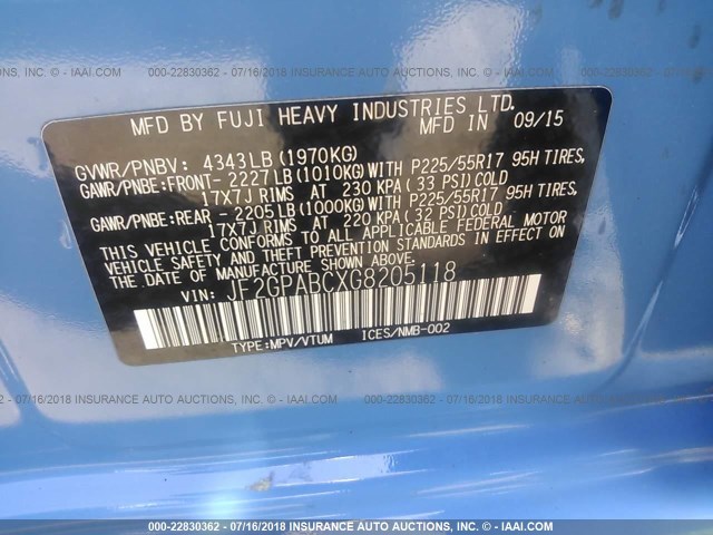 JF2GPABCXG8205118 - 2016 SUBARU CROSSTREK PREMIUM Көк фото 9