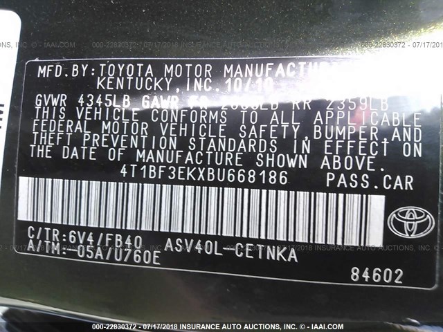 4T1BF3EKXBU668186 - 2011 TOYOTA CAMRY SE/LE/XLE GREEN photo 9