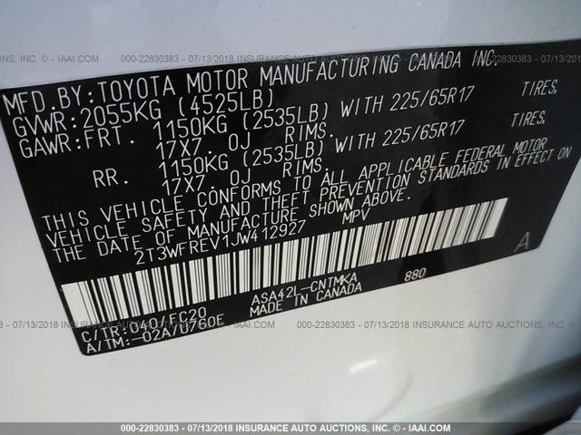 2T3WFREV1JW412927 - 2018 TOYOTA RAV4 ADVENTURE/XLE 白色 照片 9