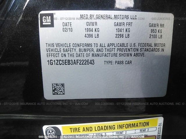 1G1ZC5EB3AF222643 - 2010 CHEVROLET MALIBU 1LT 黑色 照片 9