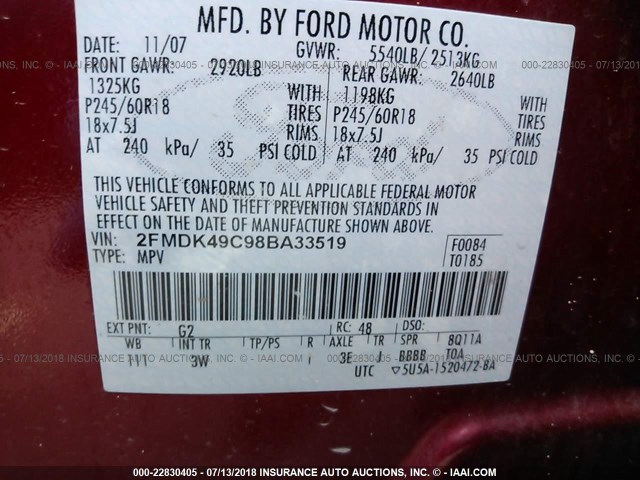 2FMDK49C98BA33519 - 2008 FORD EDGE LIMITED RED photo 9
