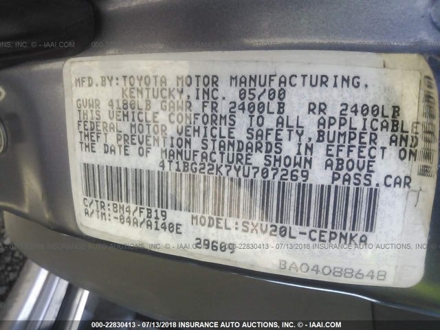 4T1BG22K7YU707269 - 2000 TOYOTA CAMRY CE/LE/XLE 蓝色 照片 9