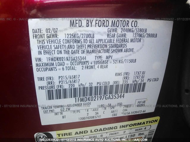 1FMDK02197GA35344 - 2007 FORD FREESTYLE SEL RED photo 9