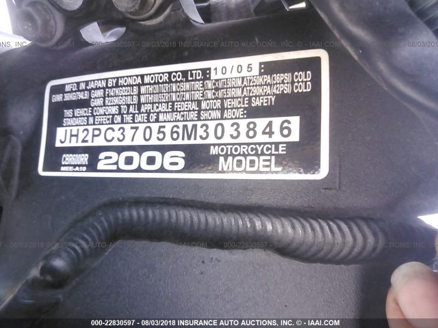 JH2PC37056M303846 - 2006 HONDA CBR600 RR BLACK photo 10