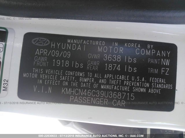 KMHCN46C39U368715 - 2009 HYUNDAI ACCENT WHITE photo 9