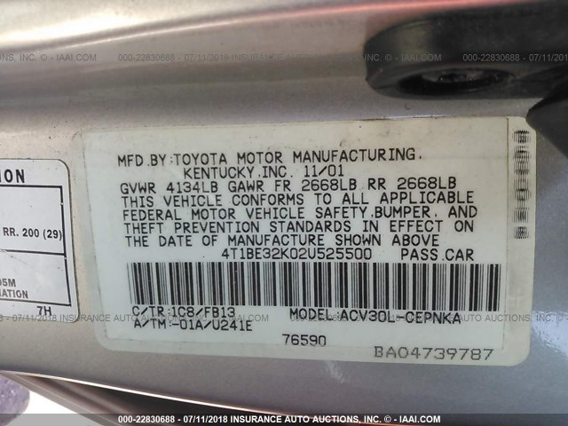 4T1BE32K02U525500 - 2002 TOYOTA CAMRY LE/XLE/SE 银色 照片 9