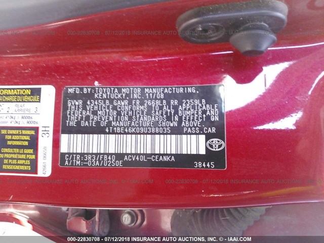 4T1BE46K09U388035 - 2009 TOYOTA CAMRY SE/LE/XLE 红色 照片 9