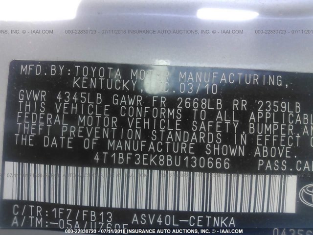 4T1BF3EK8BU130666 - 2011 TOYOTA CAMRY SE/LE/XLE SILVER photo 9