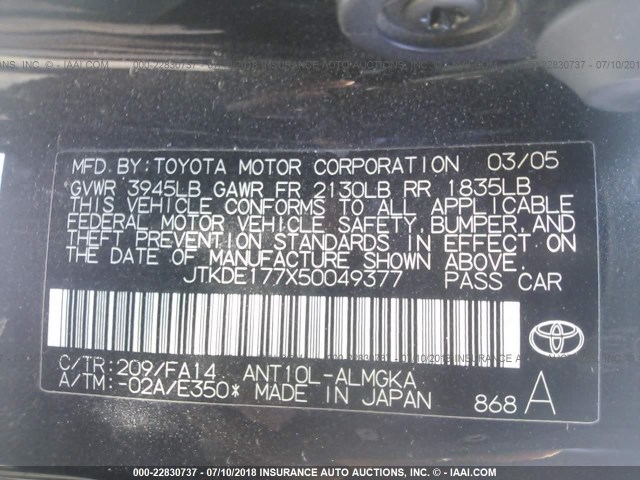 JTKDE177X50049377 - 2005 TOYOTA SCION TC 黑色 照片 9