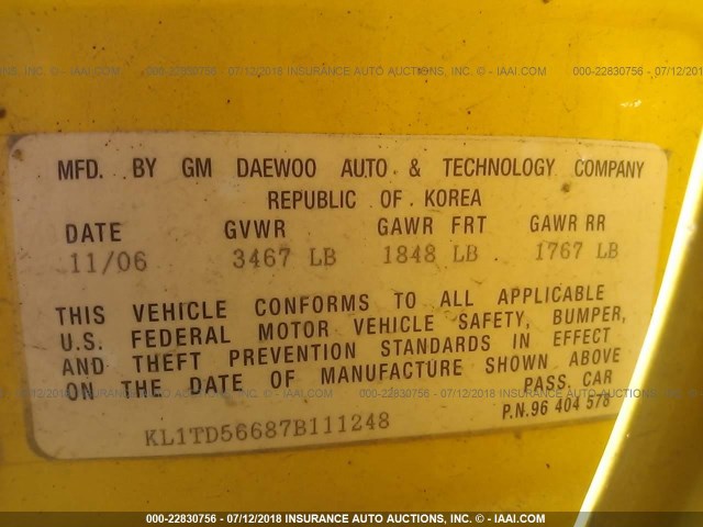KL1TD56687B111248 - 2007 CHEVROLET AVEO LS YELLOW photo 9