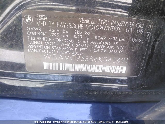 WBAVC93588K043491 - 2008 BMW 328 XI BLACK photo 9