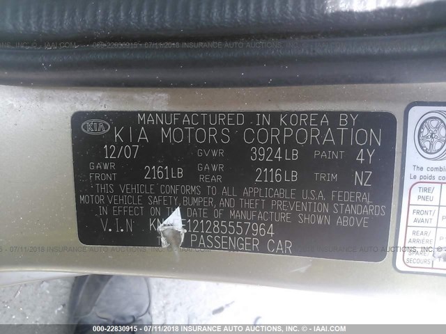 KNAFE121285557964 - 2008 KIA SPECTRA EX/LX/SX GOLD photo 9