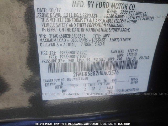 2FMGK5B82HBA03576 - 2017 FORD FLEX SE GRAY photo 9