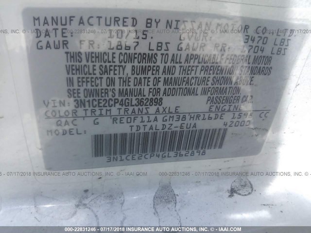 3N1CE2CP4GL362898 - 2016 NISSAN VERSA NOTE S/S PLUS/SV/SL/SR WHITE photo 9