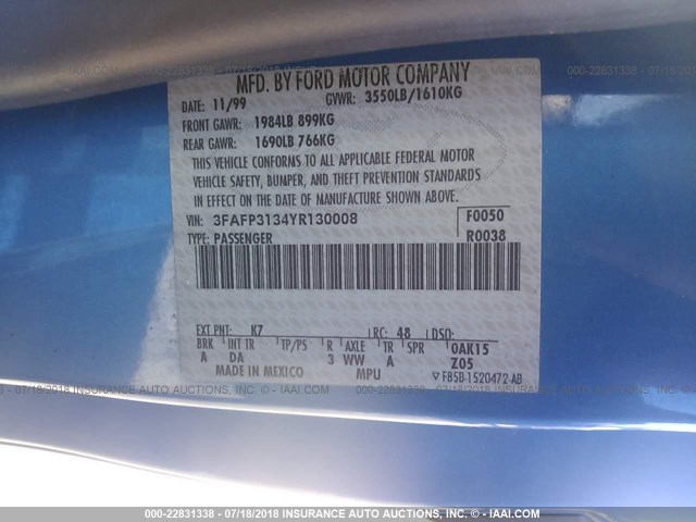 3FAFP3134YR130008 - 2000 FORD FOCUS ZX3 BLUE photo 9