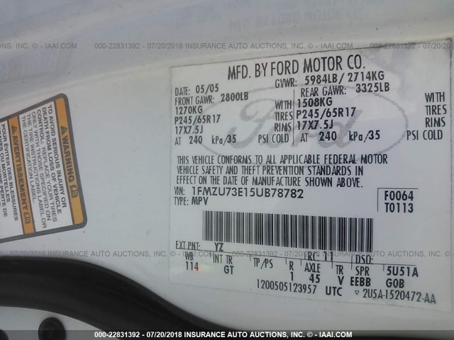 1FMZU73E15UB78782 - 2005 FORD EXPLORER XLT/XLT SPORT/NBX 白色 照片 9