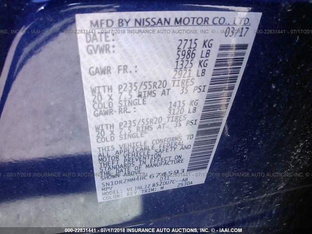 5N1DR2MM4HC674593 - 2017 NISSAN PATHFINDER S/SV/SL/PLATINUM 蓝色 照片 9