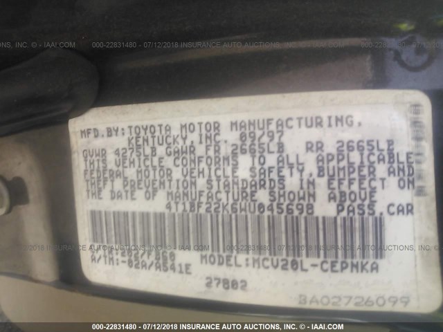 4T1BF22K6WU045698 - 1998 TOYOTA CAMRY CE/LE/XLE BLACK photo 9