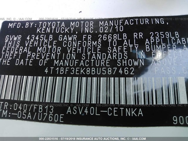 4T1BF3EK8BU587462 - 2011 TOYOTA CAMRY SE/LE/XLE WHITE photo 9