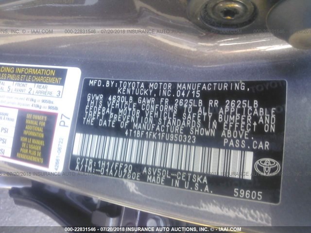 4T1BF1FK1FU950323 - 2015 TOYOTA CAMRY LE/XLE/SE/XSE GRAY photo 9