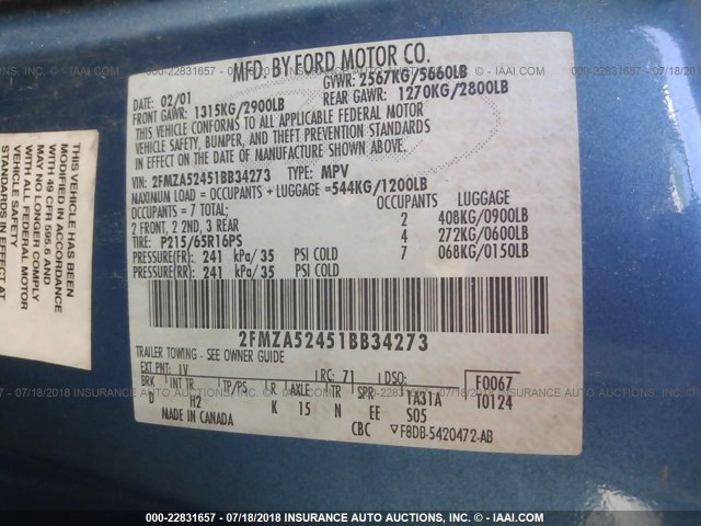 2FMZA52451BB34273 - 2001 FORD WINDSTAR SE Light Blue photo 9