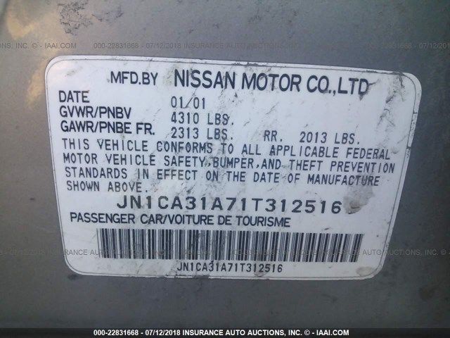 JN1CA31A71T312516 - 2001 NISSAN MAXIMA GXE/SE/GLE/20TH ANNIVERSA SILVER photo 9