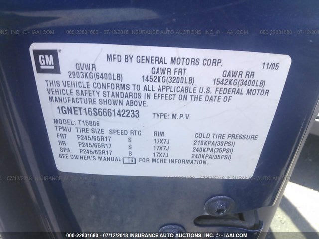 1GNET16S666142233 - 2006 CHEVROLET TRAILBLAZER EXT LS/EXT LT BLUE photo 9