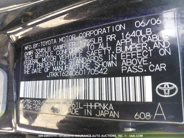 JTKKT624060170542 - 2006 TOYOTA SCION XA BLACK photo 9