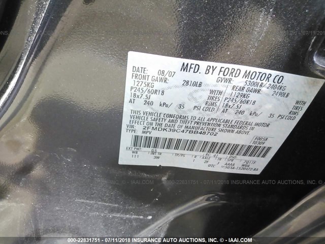 2FMDK39C47BB48702 - 2007 FORD EDGE SEL PLUS GRAY photo 9