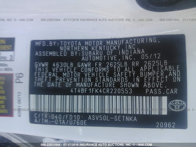 4T4BF1FK4CR220553 - 2012 TOYOTA CAMRY SE/LE/XLE თეთრი ფოტო 9